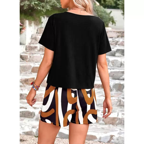 imagePRETTYGARDEN Womens Summer 2 Piece Outfits Lounge Sets Short Sleeve Tee Shirts Tops Blouses Pockets Printed Shorts TracksuitFloral Black Multicolored