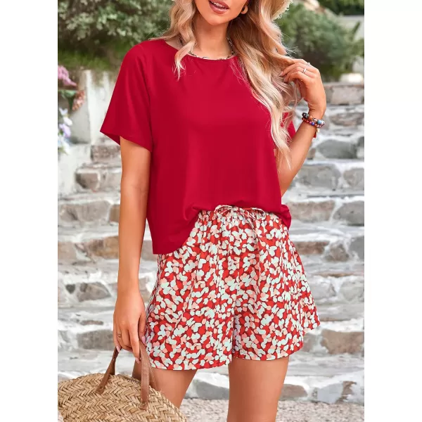 imagePRETTYGARDEN Womens Summer 2 Piece Outfits Lounge Sets Short Sleeve Tee Shirts Tops Blouses Pockets Printed Shorts TracksuitRed