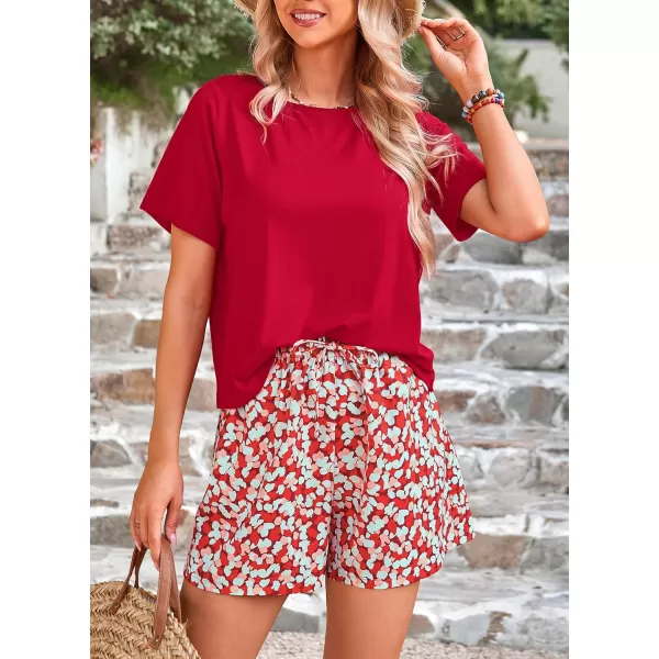 imagePRETTYGARDEN Womens Summer 2 Piece Outfits Lounge Sets Short Sleeve Tee Shirts Tops Blouses Pockets Printed Shorts TracksuitRed