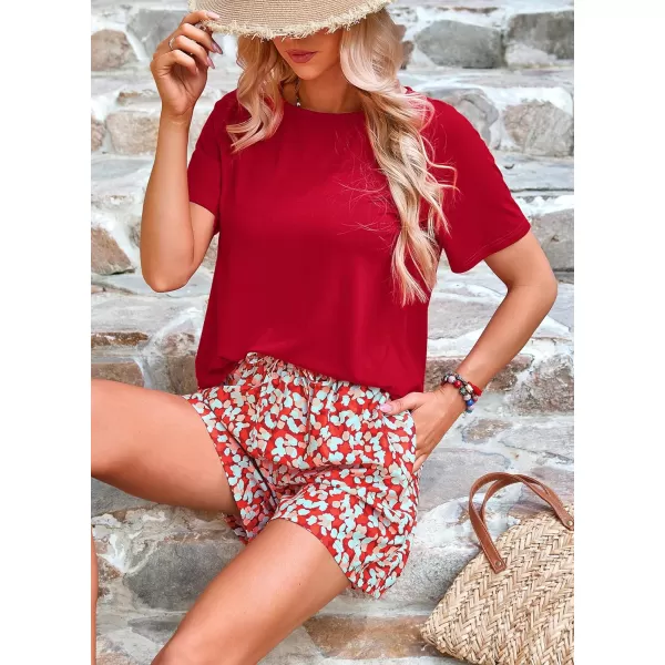 imagePRETTYGARDEN Womens Summer 2 Piece Outfits Lounge Sets Short Sleeve Tee Shirts Tops Blouses Pockets Printed Shorts TracksuitRed