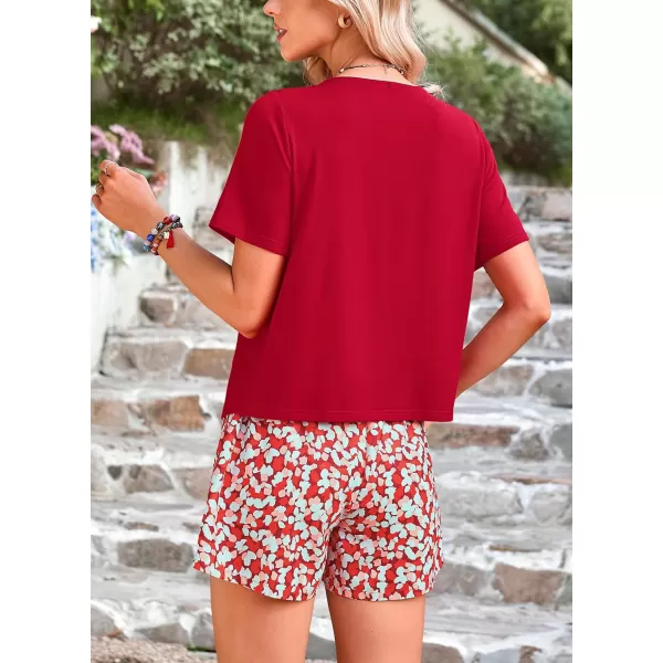 imagePRETTYGARDEN Womens Summer 2 Piece Outfits Lounge Sets Short Sleeve Tee Shirts Tops Blouses Pockets Printed Shorts TracksuitRed