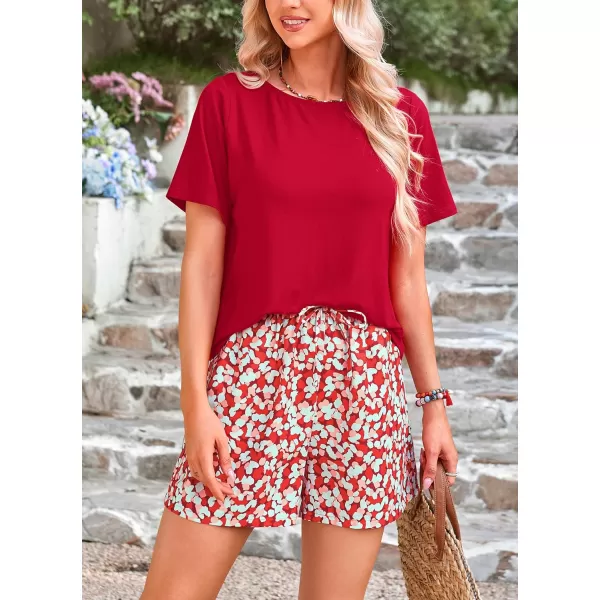 imagePRETTYGARDEN Womens Summer 2 Piece Outfits Lounge Sets Short Sleeve Tee Shirts Tops Blouses Pockets Printed Shorts TracksuitRed