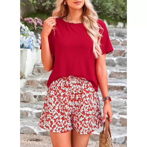 imagePRETTYGARDEN Womens Summer 2 Piece Outfits Lounge Sets Short Sleeve Tee Shirts Tops Blouses Pockets Printed Shorts TracksuitRed