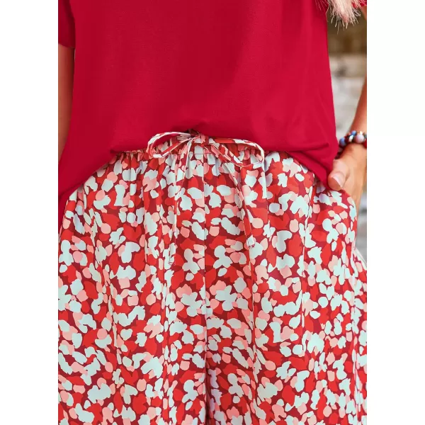 imagePRETTYGARDEN Womens Summer 2 Piece Outfits Lounge Sets Short Sleeve Tee Shirts Tops Blouses Pockets Printed Shorts TracksuitRed