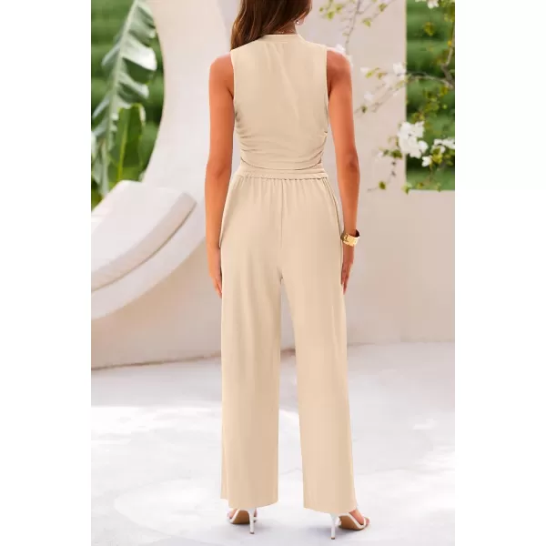 imagePRETTYGARDEN Womens Summer 2 Piece Outfits Ribbed Knit Lounge Sets Tracksuit Sleeveless Crop Tank Tops Wide Leg Casual PantsApricot