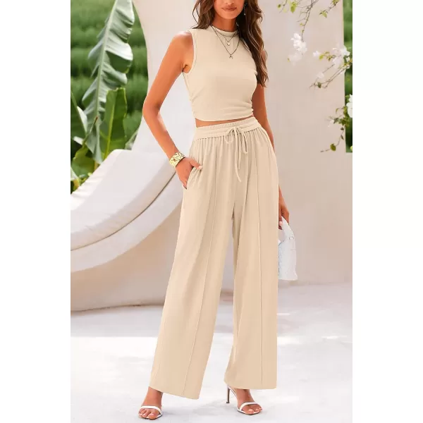 imagePRETTYGARDEN Womens Summer 2 Piece Outfits Ribbed Knit Lounge Sets Tracksuit Sleeveless Crop Tank Tops Wide Leg Casual PantsApricot