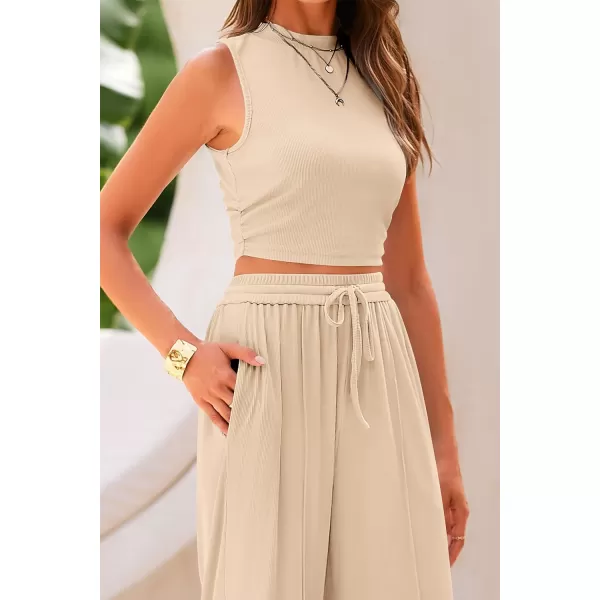 imagePRETTYGARDEN Womens Summer 2 Piece Outfits Ribbed Knit Lounge Sets Tracksuit Sleeveless Crop Tank Tops Wide Leg Casual PantsApricot