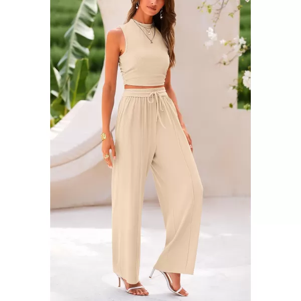 imagePRETTYGARDEN Womens Summer 2 Piece Outfits Ribbed Knit Lounge Sets Tracksuit Sleeveless Crop Tank Tops Wide Leg Casual PantsApricot