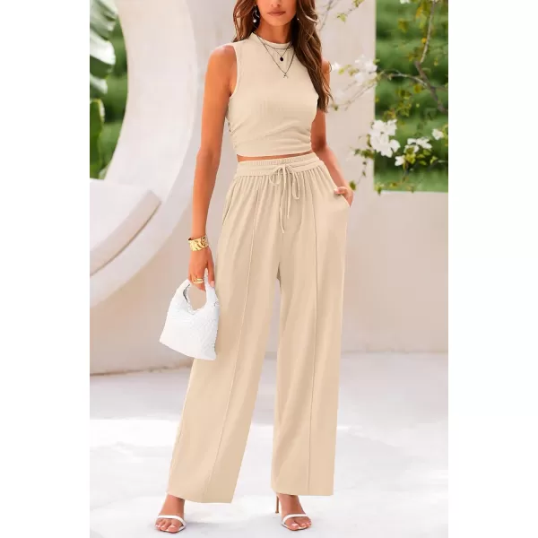 imagePRETTYGARDEN Womens Summer 2 Piece Outfits Ribbed Knit Lounge Sets Tracksuit Sleeveless Crop Tank Tops Wide Leg Casual PantsApricot