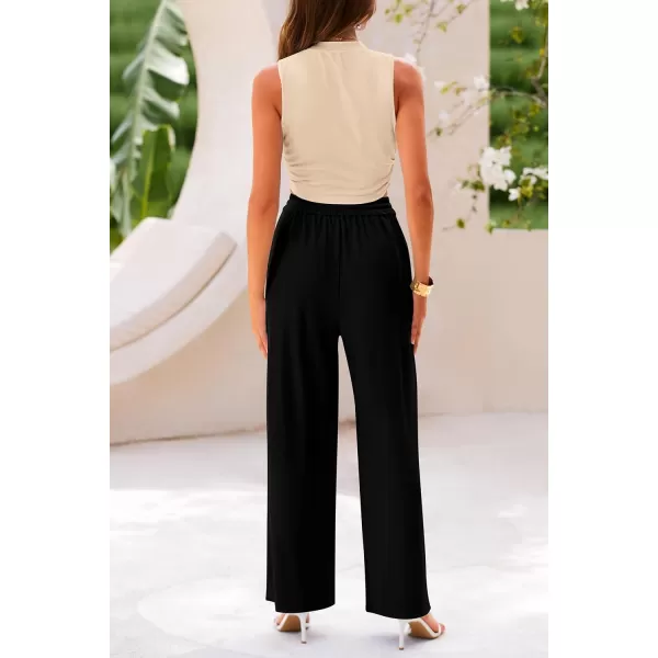 imagePRETTYGARDEN Womens Summer 2 Piece Outfits Ribbed Knit Lounge Sets Tracksuit Sleeveless Crop Tank Tops Wide Leg Casual PantsApricot Black