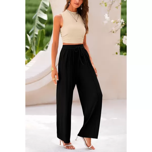 imagePRETTYGARDEN Womens Summer 2 Piece Outfits Ribbed Knit Lounge Sets Tracksuit Sleeveless Crop Tank Tops Wide Leg Casual PantsApricot Black