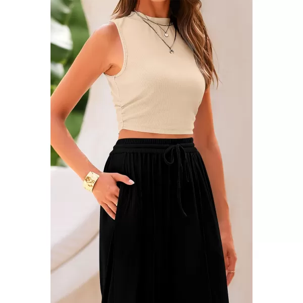 imagePRETTYGARDEN Womens Summer 2 Piece Outfits Ribbed Knit Lounge Sets Tracksuit Sleeveless Crop Tank Tops Wide Leg Casual PantsApricot Black