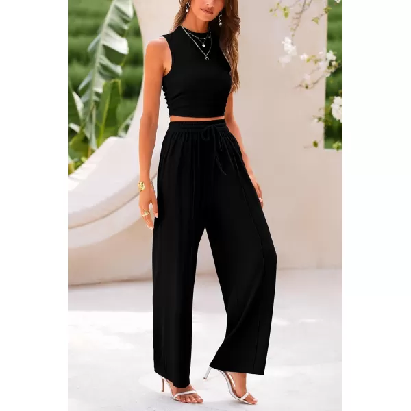 imagePRETTYGARDEN Womens Summer 2 Piece Outfits Ribbed Knit Lounge Sets Tracksuit Sleeveless Crop Tank Tops Wide Leg Casual PantsBlack