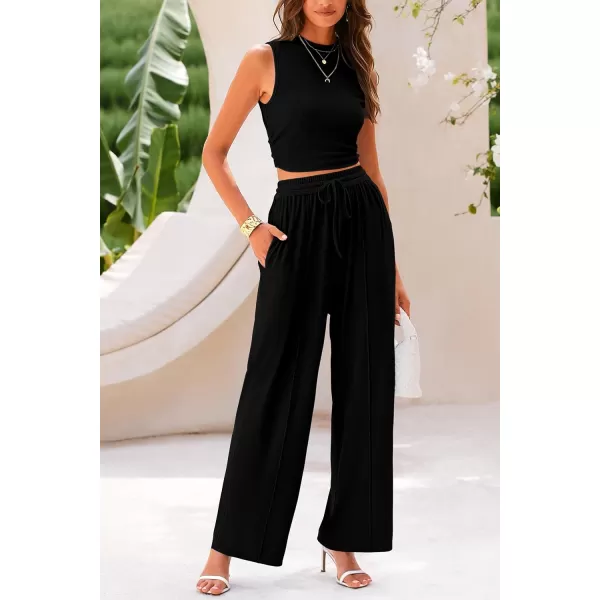 imagePRETTYGARDEN Womens Summer 2 Piece Outfits Ribbed Knit Lounge Sets Tracksuit Sleeveless Crop Tank Tops Wide Leg Casual PantsBlack