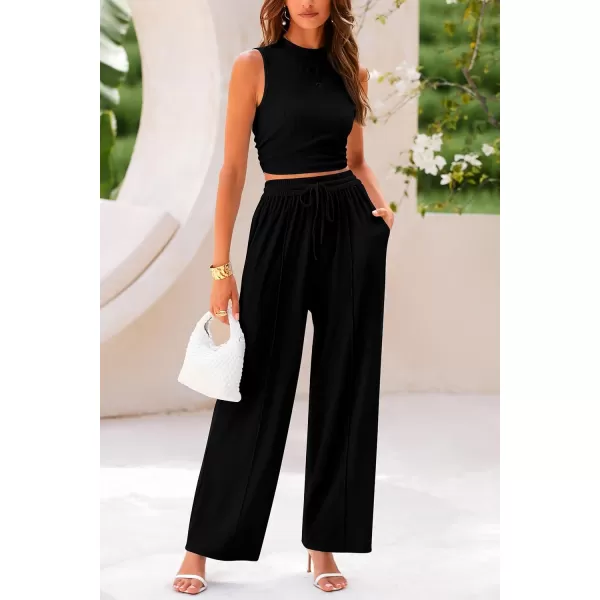 imagePRETTYGARDEN Womens Summer 2 Piece Outfits Ribbed Knit Lounge Sets Tracksuit Sleeveless Crop Tank Tops Wide Leg Casual PantsBlack