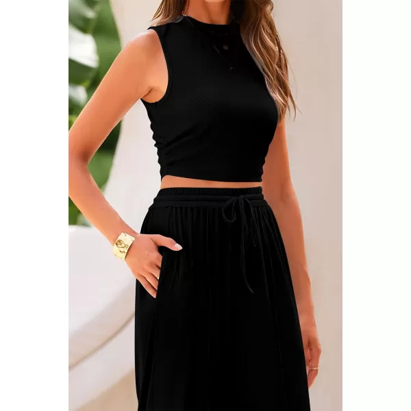 imagePRETTYGARDEN Womens Summer 2 Piece Outfits Ribbed Knit Lounge Sets Tracksuit Sleeveless Crop Tank Tops Wide Leg Casual PantsBlack