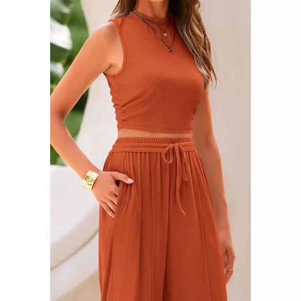 imagePRETTYGARDEN Womens Summer 2 Piece Outfits Ribbed Knit Lounge Sets Tracksuit Sleeveless Crop Tank Tops Wide Leg Casual PantsBrick Red