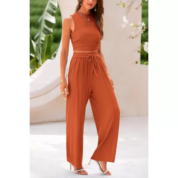 imagePRETTYGARDEN Womens Summer 2 Piece Outfits Ribbed Knit Lounge Sets Tracksuit Sleeveless Crop Tank Tops Wide Leg Casual PantsBrick Red