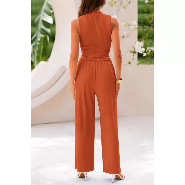 imagePRETTYGARDEN Womens Summer 2 Piece Outfits Ribbed Knit Lounge Sets Tracksuit Sleeveless Crop Tank Tops Wide Leg Casual PantsBrick Red