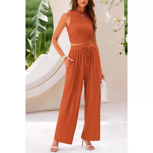 imagePRETTYGARDEN Womens Summer 2 Piece Outfits Ribbed Knit Lounge Sets Tracksuit Sleeveless Crop Tank Tops Wide Leg Casual PantsBrick Red
