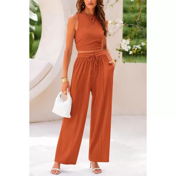 imagePRETTYGARDEN Womens Summer 2 Piece Outfits Ribbed Knit Lounge Sets Tracksuit Sleeveless Crop Tank Tops Wide Leg Casual PantsBrick Red
