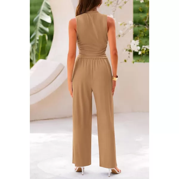 imagePRETTYGARDEN Womens Summer 2 Piece Outfits Ribbed Knit Lounge Sets Tracksuit Sleeveless Crop Tank Tops Wide Leg Casual PantsCamel