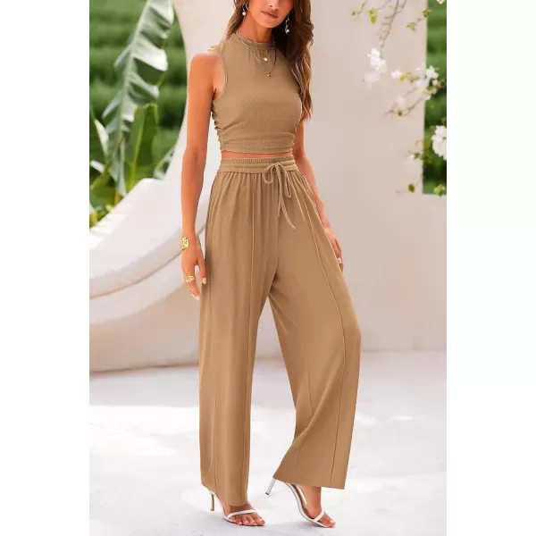 imagePRETTYGARDEN Womens Summer 2 Piece Outfits Ribbed Knit Lounge Sets Tracksuit Sleeveless Crop Tank Tops Wide Leg Casual PantsCamel