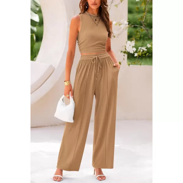imagePRETTYGARDEN Womens Summer 2 Piece Outfits Ribbed Knit Lounge Sets Tracksuit Sleeveless Crop Tank Tops Wide Leg Casual PantsCamel