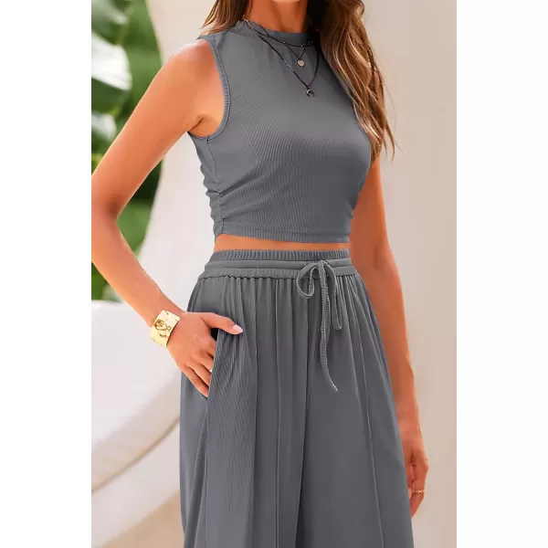 imagePRETTYGARDEN Womens Summer 2 Piece Outfits Ribbed Knit Lounge Sets Tracksuit Sleeveless Crop Tank Tops Wide Leg Casual PantsGrey
