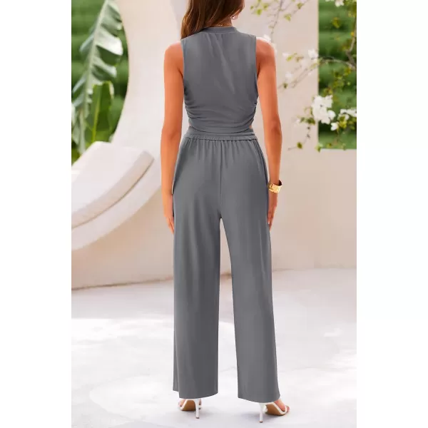 imagePRETTYGARDEN Womens Summer 2 Piece Outfits Ribbed Knit Lounge Sets Tracksuit Sleeveless Crop Tank Tops Wide Leg Casual PantsGrey