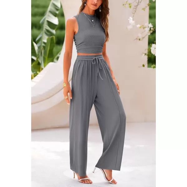 imagePRETTYGARDEN Womens Summer 2 Piece Outfits Ribbed Knit Lounge Sets Tracksuit Sleeveless Crop Tank Tops Wide Leg Casual PantsGrey