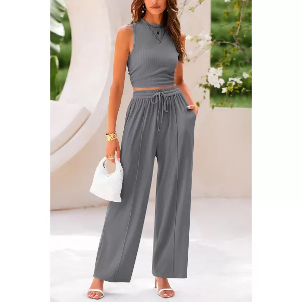 imagePRETTYGARDEN Womens Summer 2 Piece Outfits Ribbed Knit Lounge Sets Tracksuit Sleeveless Crop Tank Tops Wide Leg Casual PantsGrey