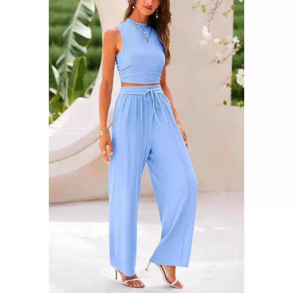 imagePRETTYGARDEN Womens Summer 2 Piece Outfits Ribbed Knit Lounge Sets Tracksuit Sleeveless Crop Tank Tops Wide Leg Casual PantsLight Blue