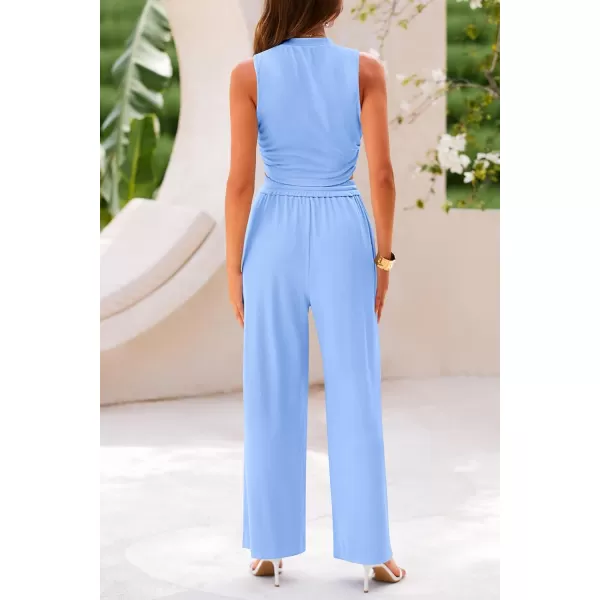 imagePRETTYGARDEN Womens Summer 2 Piece Outfits Ribbed Knit Lounge Sets Tracksuit Sleeveless Crop Tank Tops Wide Leg Casual PantsLight Blue
