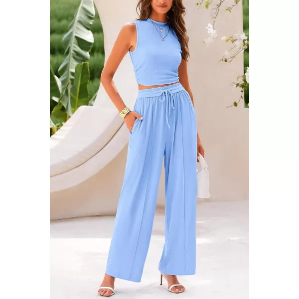 imagePRETTYGARDEN Womens Summer 2 Piece Outfits Ribbed Knit Lounge Sets Tracksuit Sleeveless Crop Tank Tops Wide Leg Casual PantsLight Blue
