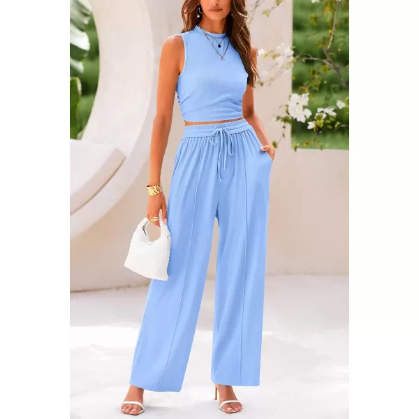 imagePRETTYGARDEN Womens Summer 2 Piece Outfits Ribbed Knit Lounge Sets Tracksuit Sleeveless Crop Tank Tops Wide Leg Casual PantsLight Blue