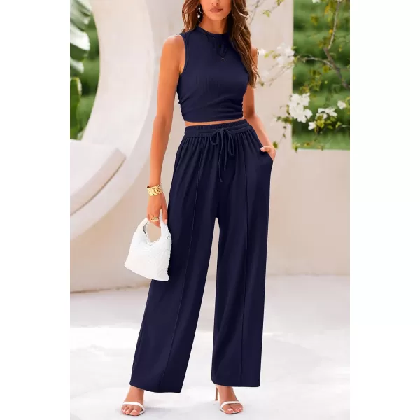 imagePRETTYGARDEN Womens Summer 2 Piece Outfits Ribbed Knit Lounge Sets Tracksuit Sleeveless Crop Tank Tops Wide Leg Casual PantsNavy