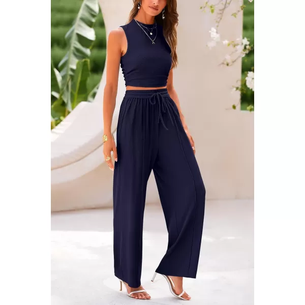imagePRETTYGARDEN Womens Summer 2 Piece Outfits Ribbed Knit Lounge Sets Tracksuit Sleeveless Crop Tank Tops Wide Leg Casual PantsNavy