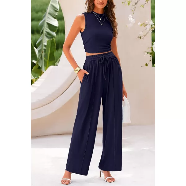 imagePRETTYGARDEN Womens Summer 2 Piece Outfits Ribbed Knit Lounge Sets Tracksuit Sleeveless Crop Tank Tops Wide Leg Casual PantsNavy