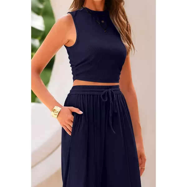imagePRETTYGARDEN Womens Summer 2 Piece Outfits Ribbed Knit Lounge Sets Tracksuit Sleeveless Crop Tank Tops Wide Leg Casual PantsNavy