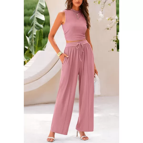 imagePRETTYGARDEN Womens Summer 2 Piece Outfits Ribbed Knit Lounge Sets Tracksuit Sleeveless Crop Tank Tops Wide Leg Casual PantsPink
