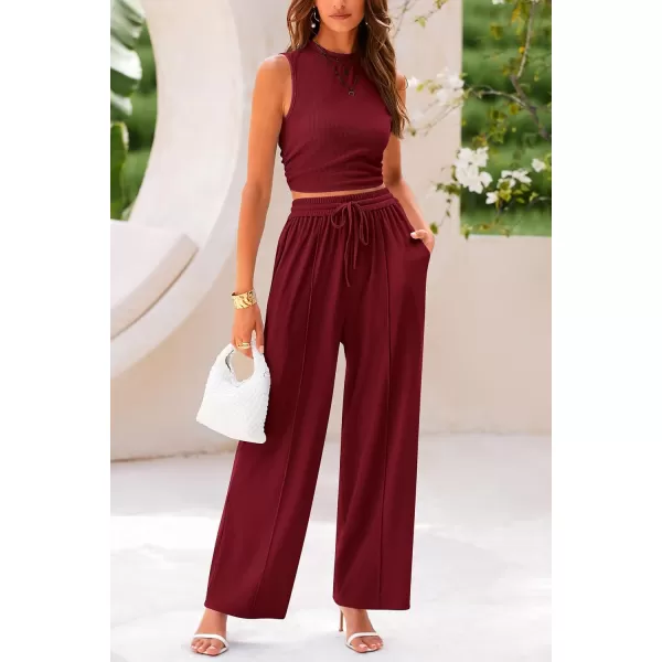imagePRETTYGARDEN Womens Summer 2 Piece Outfits Ribbed Knit Lounge Sets Tracksuit Sleeveless Crop Tank Tops Wide Leg Casual PantsWine Red