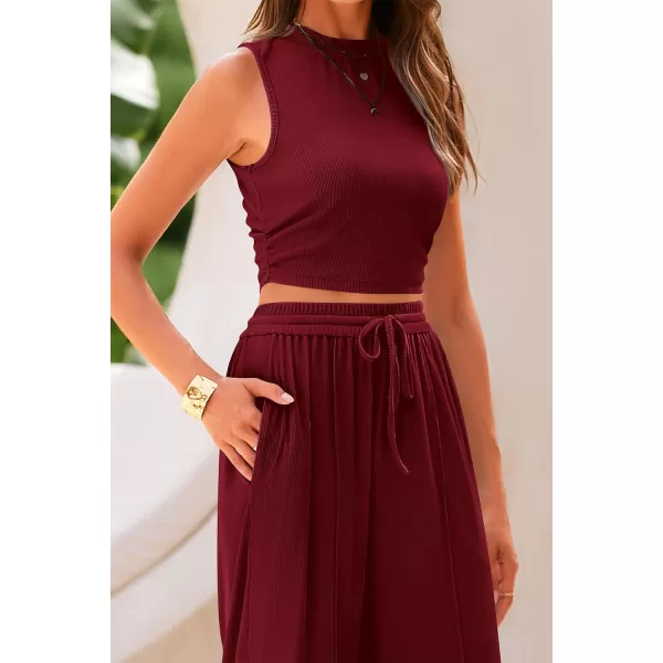 imagePRETTYGARDEN Womens Summer 2 Piece Outfits Ribbed Knit Lounge Sets Tracksuit Sleeveless Crop Tank Tops Wide Leg Casual PantsWine Red