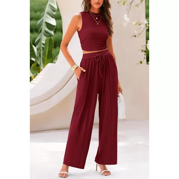 imagePRETTYGARDEN Womens Summer 2 Piece Outfits Ribbed Knit Lounge Sets Tracksuit Sleeveless Crop Tank Tops Wide Leg Casual PantsWine Red