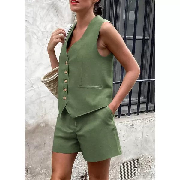 imagePRETTYGARDEN Womens Summer 2 Piece Outfits Sleeveless Matching Sets Button Down V Neck Vest Waistcoat and Pockets ShortsArmy Green