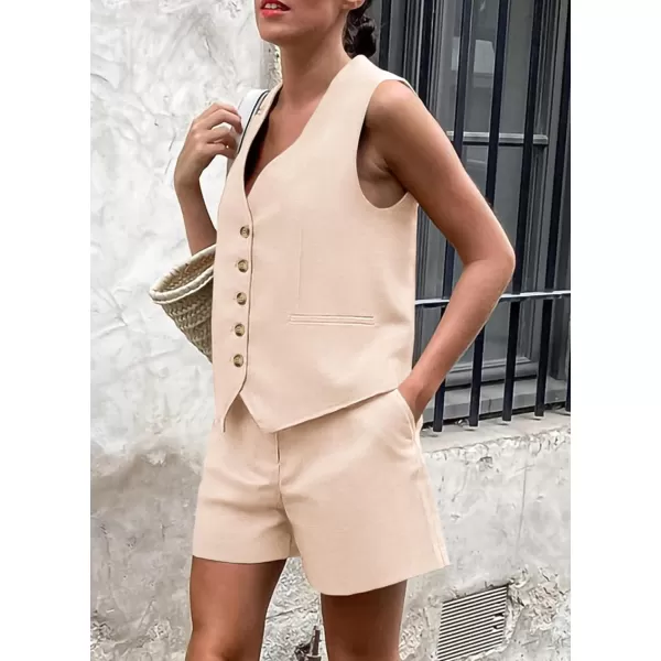 imagePRETTYGARDEN Womens Summer 2 Piece Outfits Sleeveless Matching Sets Button Down V Neck Vest Waistcoat and Pockets ShortsBeige