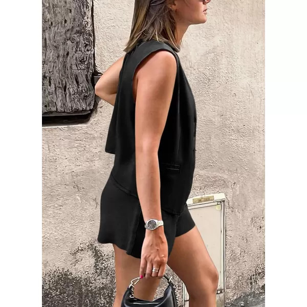 imagePRETTYGARDEN Womens Summer 2 Piece Outfits Sleeveless Matching Sets Button Down V Neck Vest Waistcoat and Pockets ShortsBlack