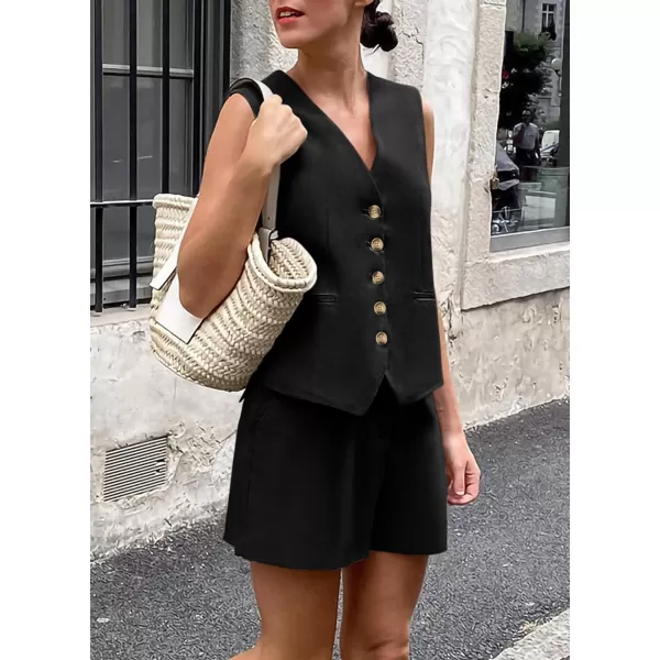 imagePRETTYGARDEN Womens Summer 2 Piece Outfits Sleeveless Matching Sets Button Down V Neck Vest Waistcoat and Pockets ShortsBlack