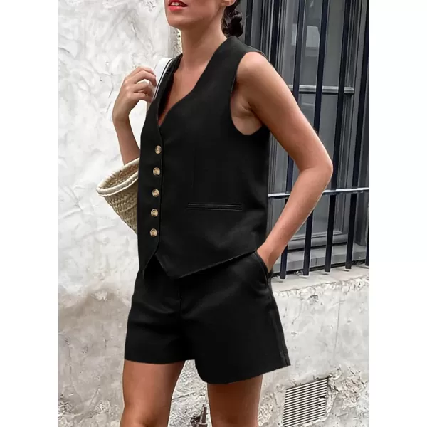 imagePRETTYGARDEN Womens Summer 2 Piece Outfits Sleeveless Matching Sets Button Down V Neck Vest Waistcoat and Pockets ShortsBlack