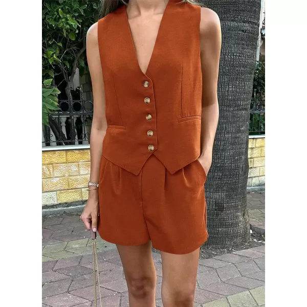 imagePRETTYGARDEN Womens Summer 2 Piece Outfits Sleeveless Matching Sets Button Down V Neck Vest Waistcoat and Pockets ShortsBrick Red